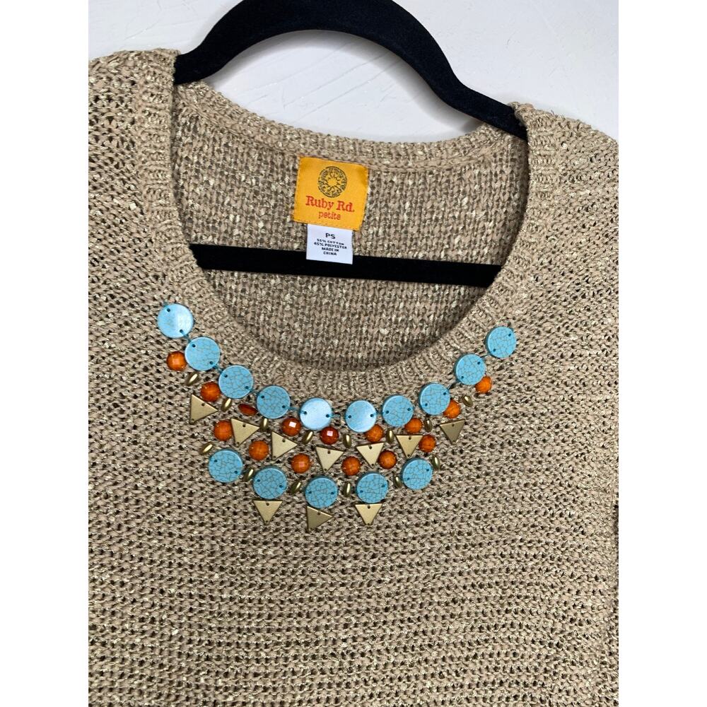 Gold Beaded Sweater Size Small Petite Turquoise Gold Rust Beads Western - Picture 6 of 8